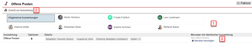 Screenshot über gespeicherte Auswertungen im Statistikbereich „Offene Posten“