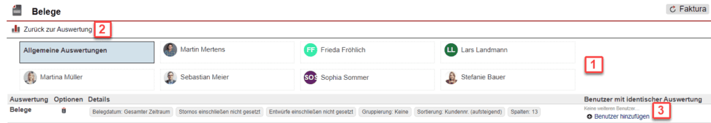 Screenshot über gespeicherte Auswertungen im Statistikbereich „Belege“