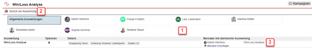 Screenshot über gespeicherte Auswertungen im Statistikbereich „Win/Loss Analyse“