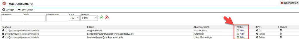 Screenshot Mail-Accounts mit markierter Spalte “Status”