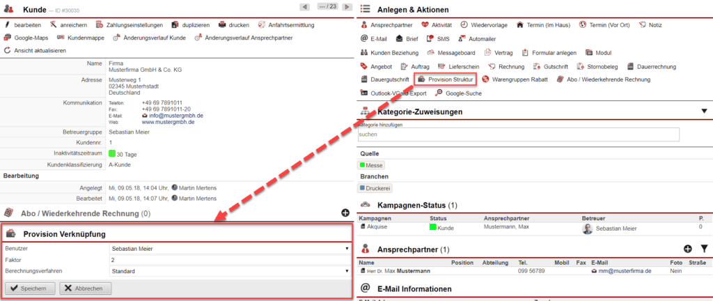 Screenshot Stammdatenansicht mit Maske zur Anlage eines provisionsberechtigten Benutzers bei einem Kunden