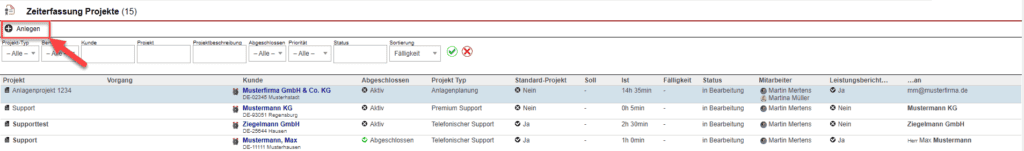 Screenshot Übersicht der Projekte mit markierter Schaltfläche „Anlegen“