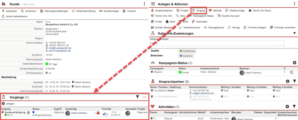 Screenshot Kundendatensatz mit verschiedenen Markierungen