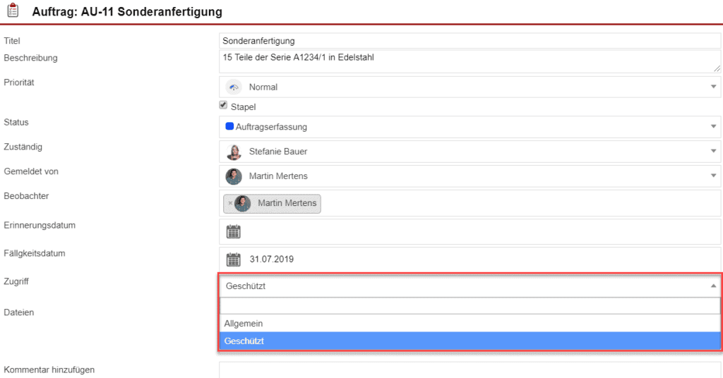 Screenshot Anlagemaske eines Vorgangs mit Markierung der Option für die Zugriffssteuerung