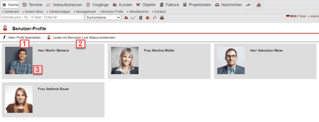 Screenshot der Übersichtsmaske des Bereichs „Benutzer-Profile“