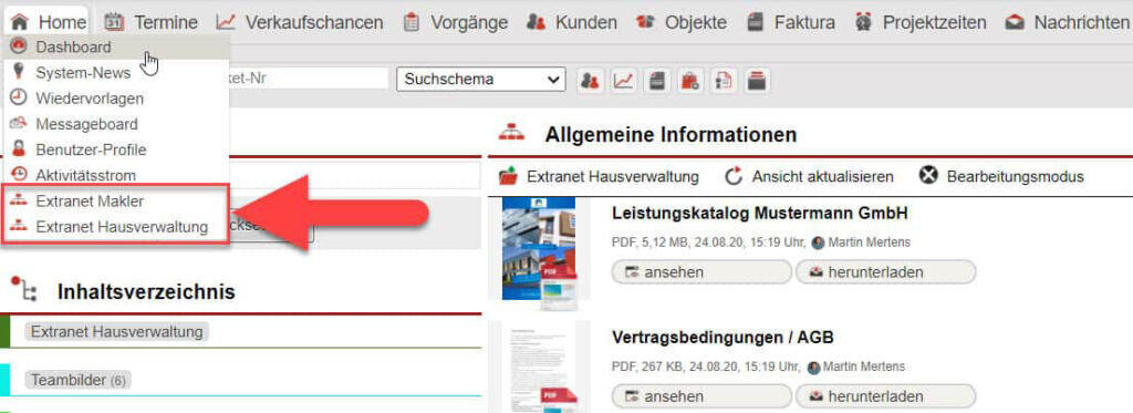 Screenshot Extranet mit Markierung verschiedener Extranetordner im Hauptmenüpunkt "Home"