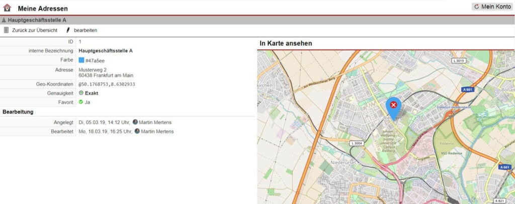 [Abb. 5]: Die Einzelansicht mit Bearbeitungsmöglichkeit einer Adresse, die unter "Meine Adressen" angelegt wurde