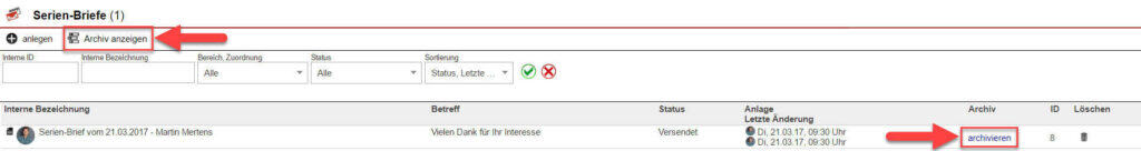 [Abb. 14]: Hier können Sie Serien-Briefe archivieren.