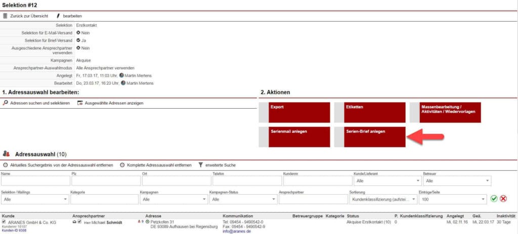 Screenshot Fenster Adressselektion mit Pfeil auf Button "Serien-Brief anlegen"