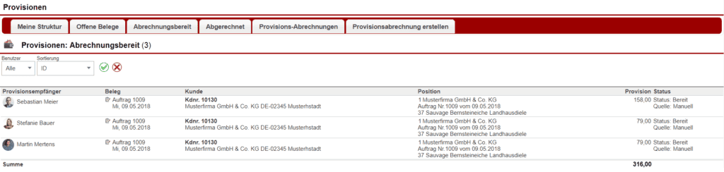 Screenshot des Bereichs "Abrechnungsbereit" innerhalb des Faktura-Menü-Punkts "Provisionen"