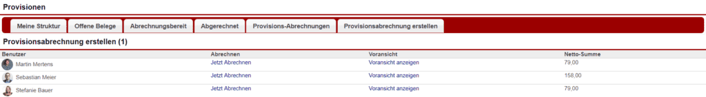 Screenshot des Bereichs "Provisionsabrechnung erstellen" innerhalb des Faktura-Menü-Punkts "Provisionen"