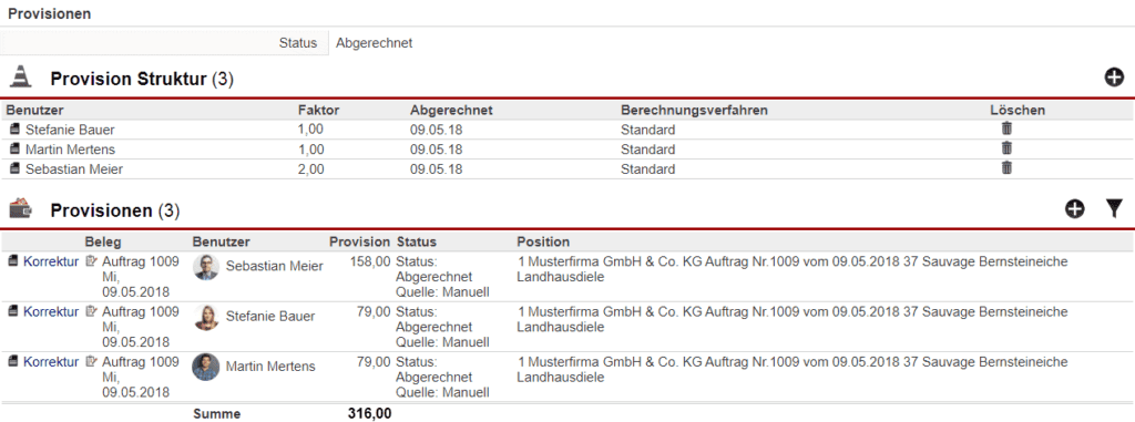 Screenshot der Maske "Provisionsansicht" innerhalb eines Belegs mit abgerechneten Provisionszahlungen